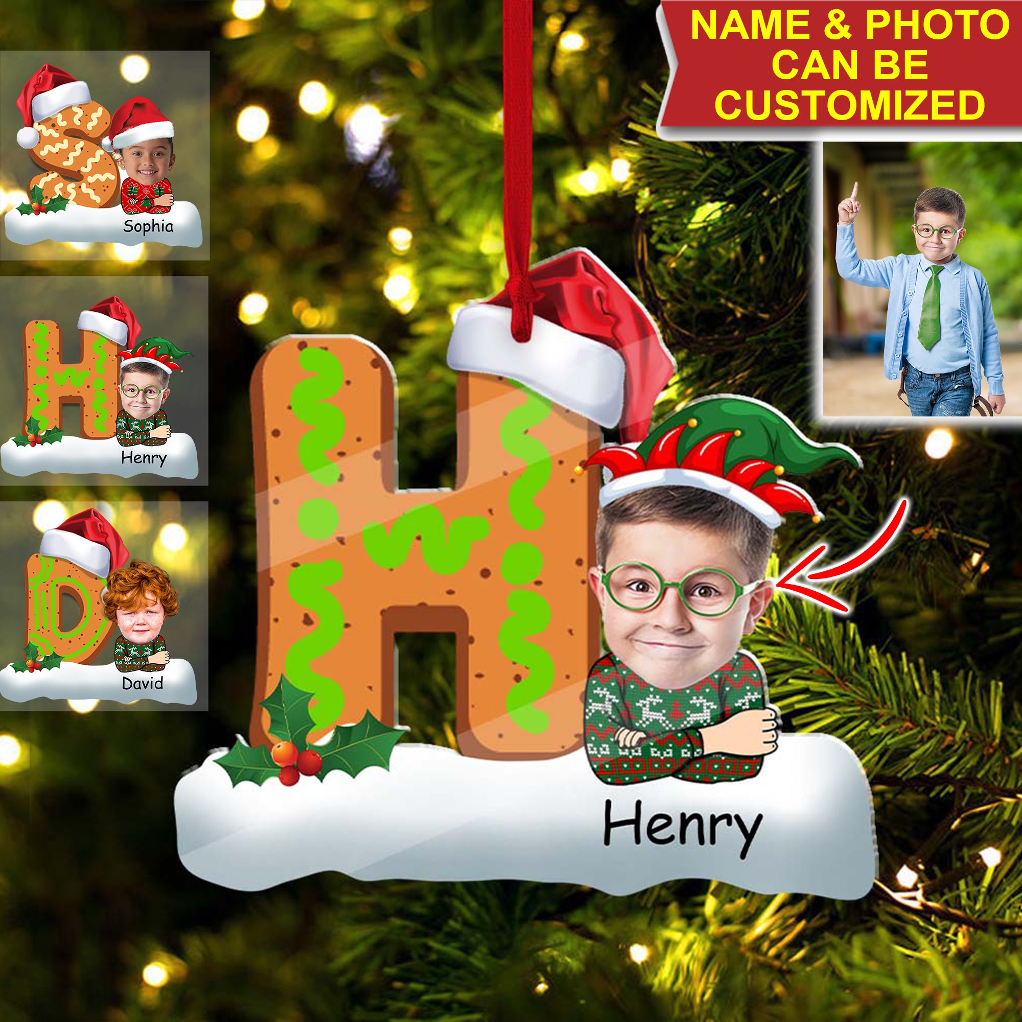 Letter And Kid Christmas - Custom Photo And Name, Personalized Acrylic Ornament - Gift For Christmas, Family Gift