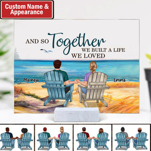 Backview Couple Sitting Beach View - Custom Appearances And Names - Personalized Acrylic Plaque - Family Gift