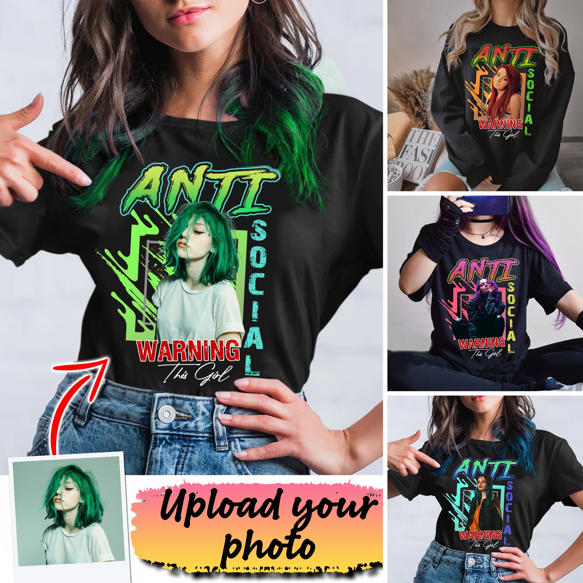 Anti Social Warning, Custom Background And Photo - Personalized T-Shirt