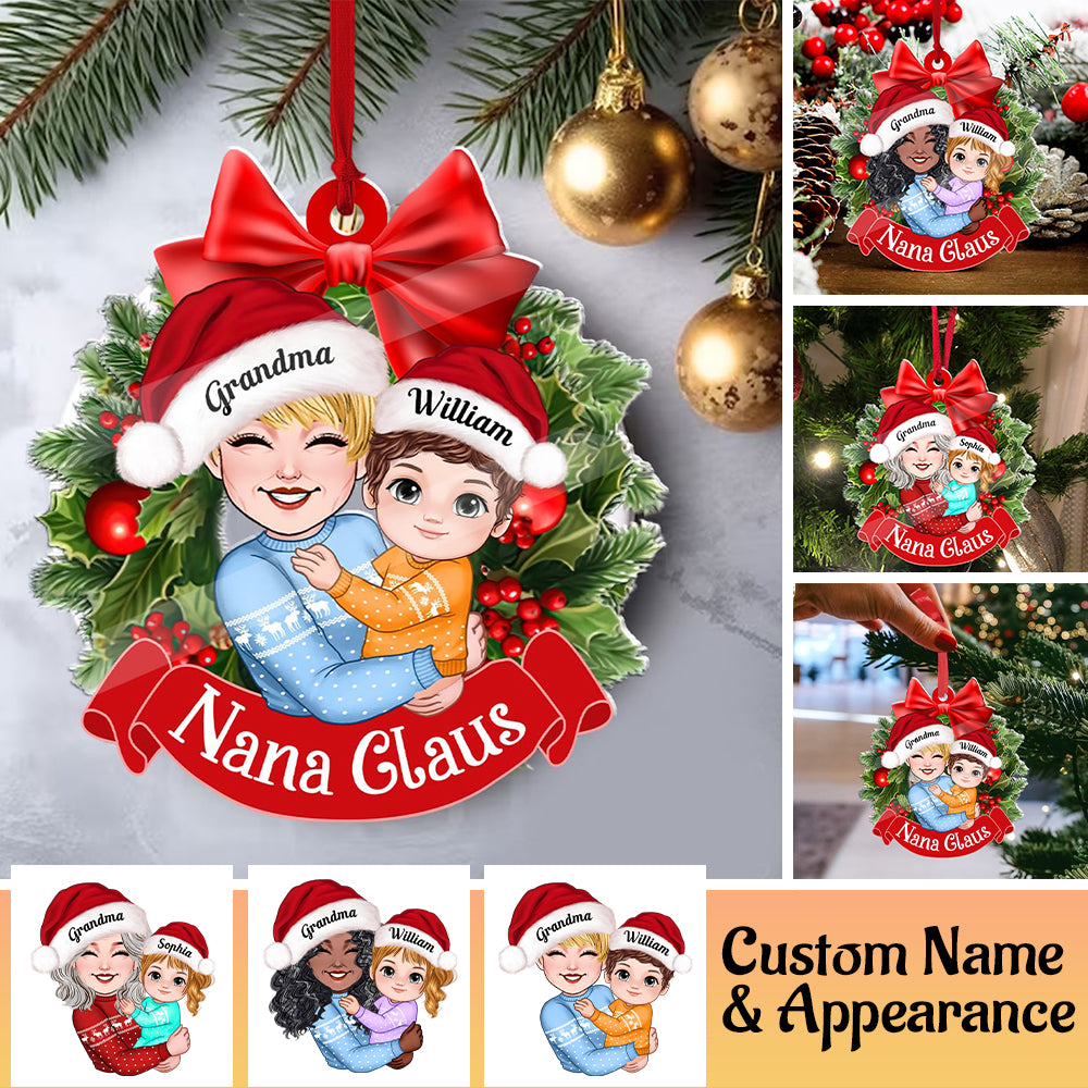 Nana Claus, Grandma And Kid Christmas Decor - Personalized Acrylic Ornament - Gift For Family