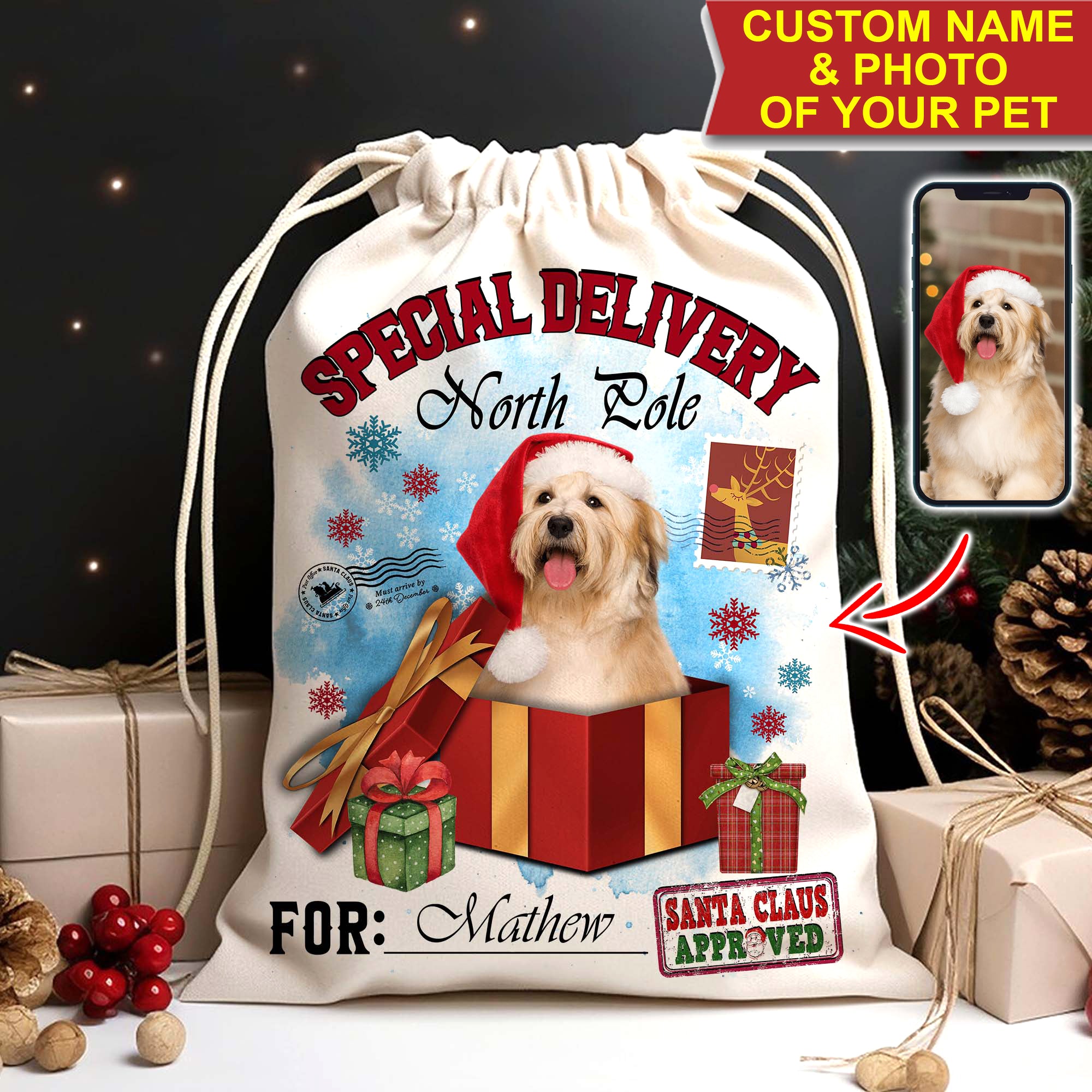 Special Delivery North Pole For Pet Christmas Gift- Custom Photo And Name, Personalized String Bag, Gift For Pet Lover, Christmas Gift