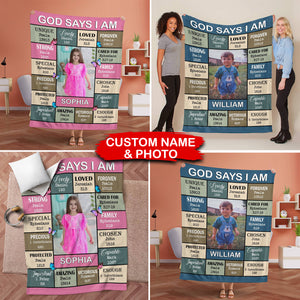 God Says I Am, Custom Photo And Name - Personalized Fleece Blanket