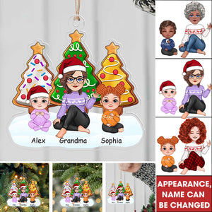 Grandma, Mom And Kids Sitting Under The Christmas Tree, Christmas Decor - Personalized Acrylic Ornament - Gift For Family