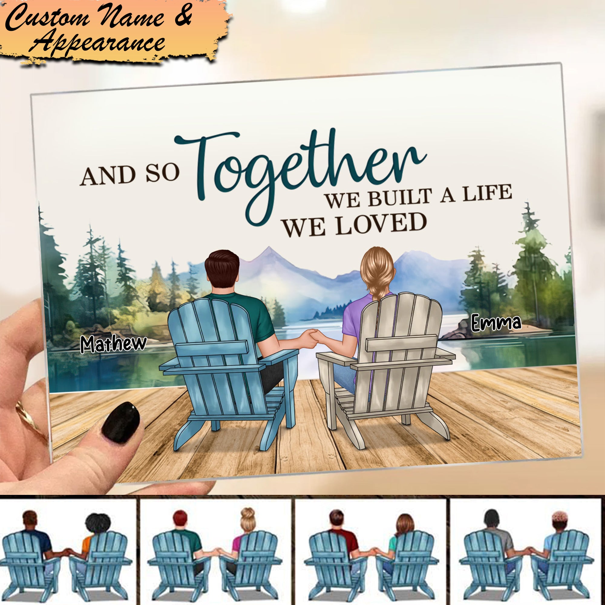 Backview Couple Sitting Lake view - Custom Appearances And Names - Personalized Acrylic Plaque - Family Gift