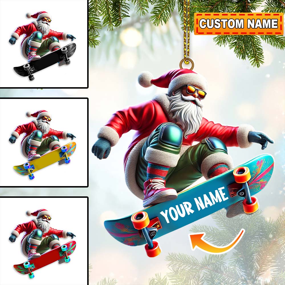 Skateboarding Santa Christmas Ornament, Personalized Ornament