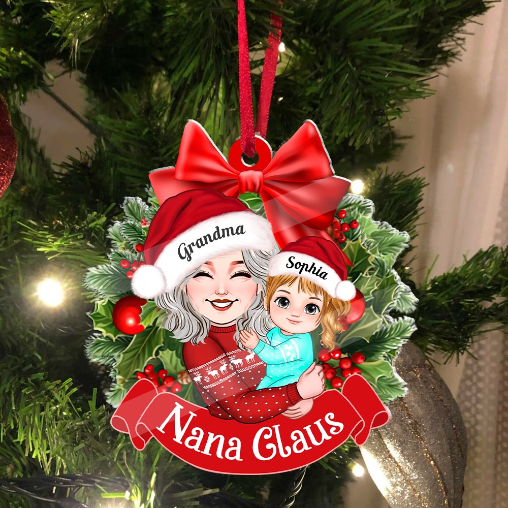 Nana Claus, Grandma And Kid Christmas Decor - Personalized Acrylic Ornament - Gift For Family