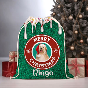 Merry Christmas - Custom Photo And Name, Personalized String Bag, Gift For Pet Lover, Christmas Gift