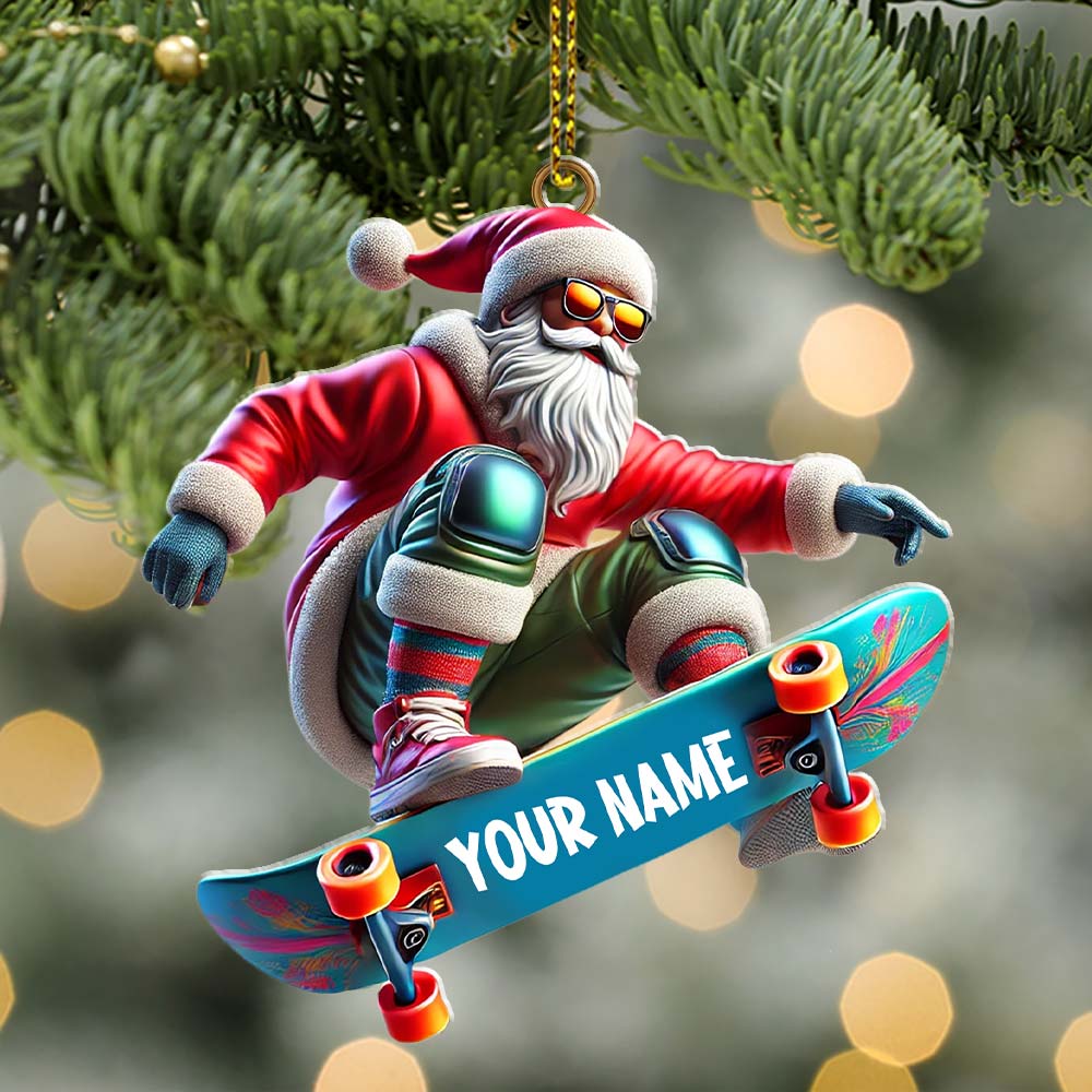 Skateboarding Santa Christmas Ornament, Personalized Ornament