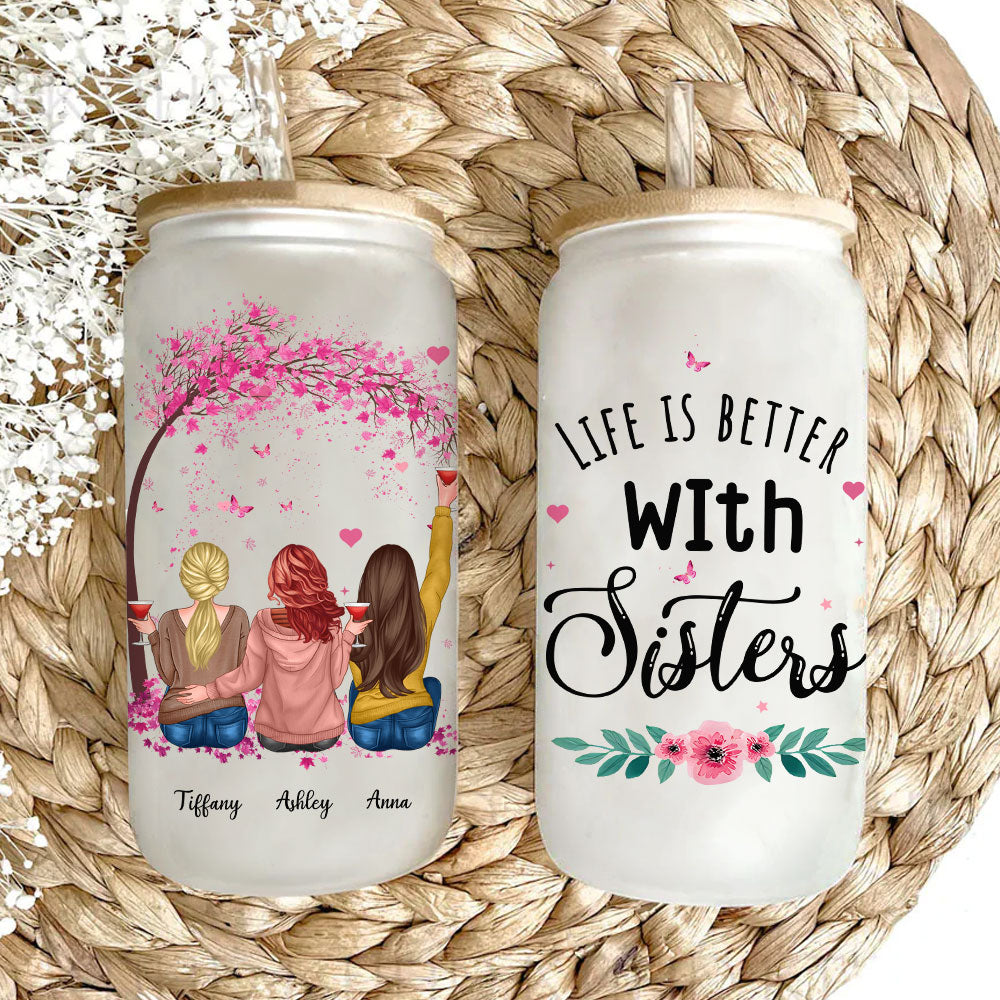 Personalized Best Friend, Life Is Better With Sisters Glass Bottle, Frosted Bottle