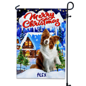 Merry Christmas Pet And Snow House - Custom Pet Photo And Name Flag - Christmas Gift, Gift For Pet Lovers