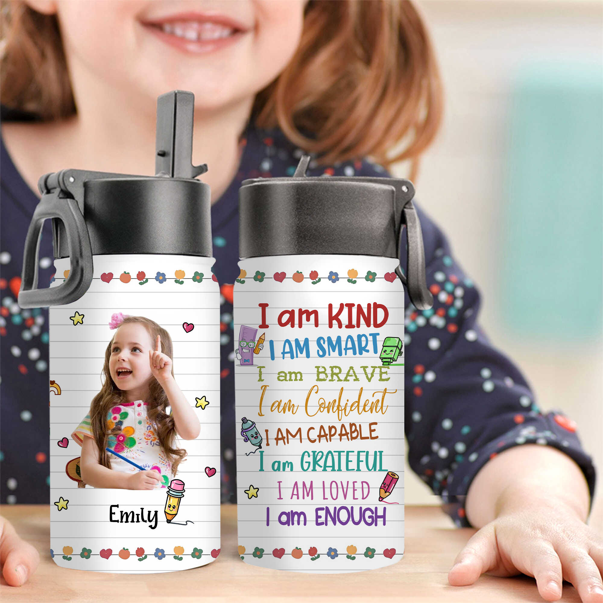 Custom 'I Am' Water Bottle for Kids, Custom Photo And Name - Personalized Kids Water Bottle With Straw Lid