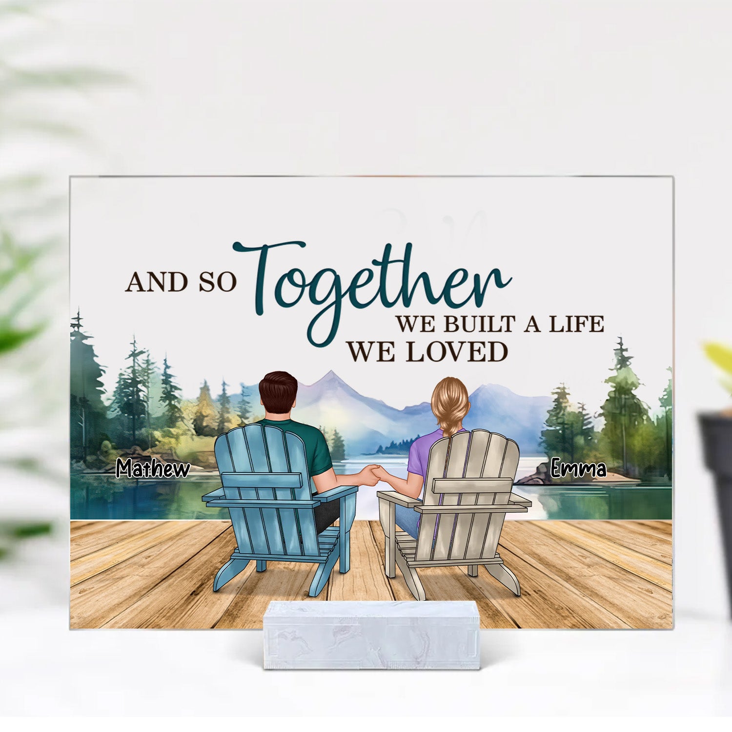 Backview Couple Sitting Lake view - Custom Appearances And Names - Personalized Acrylic Plaque - Family Gift