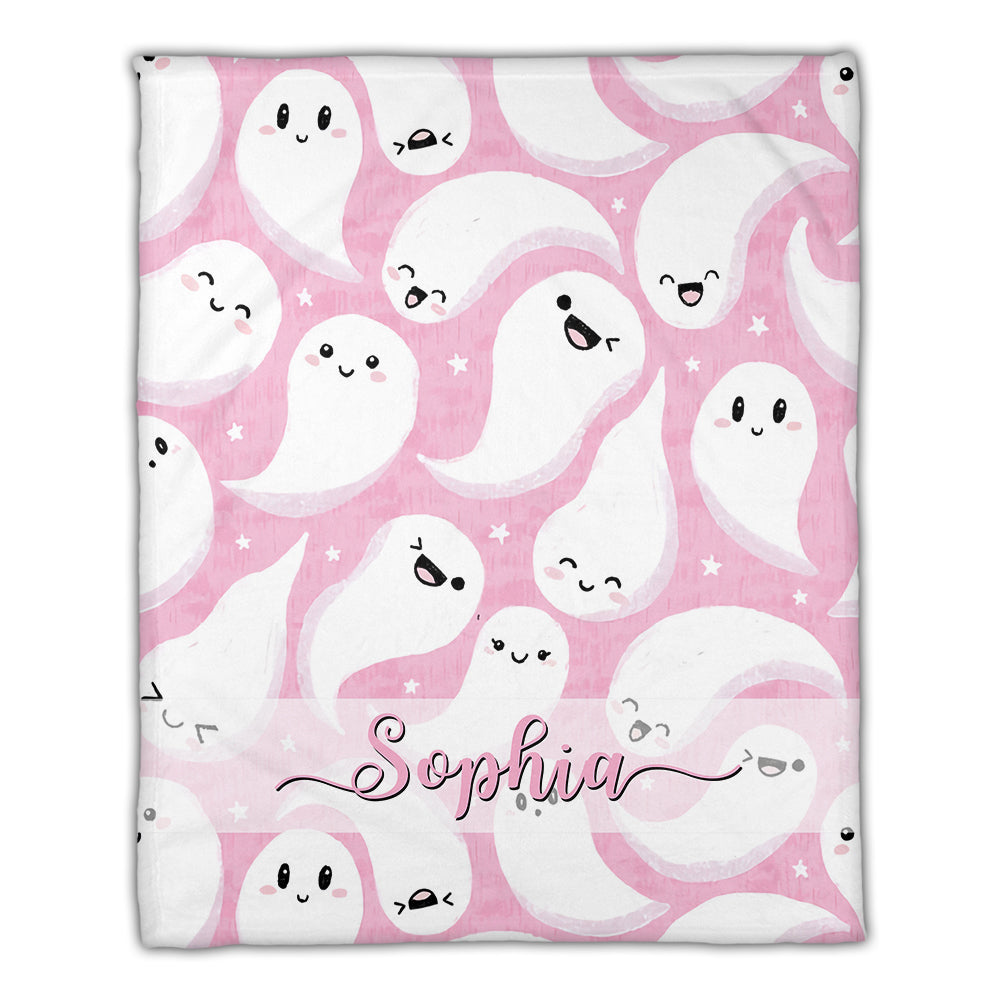 Pink Ghost  - Custom Name - Personalized Fleece Blanket, Halloween Gift