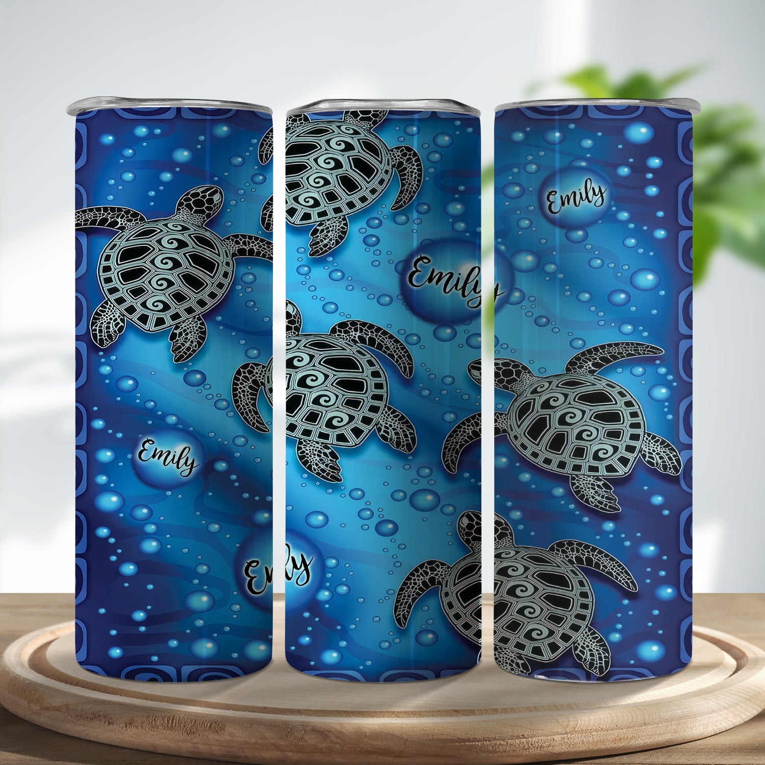 Personalized Sea Turtles Aqua Pattern Skinny Tumbler, Gift For Turtle Lover