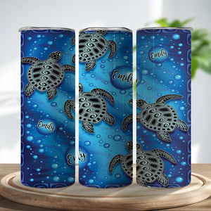 Personalized Sea Turtles Aqua Pattern Skinny Tumbler, Gift For Turtle Lover