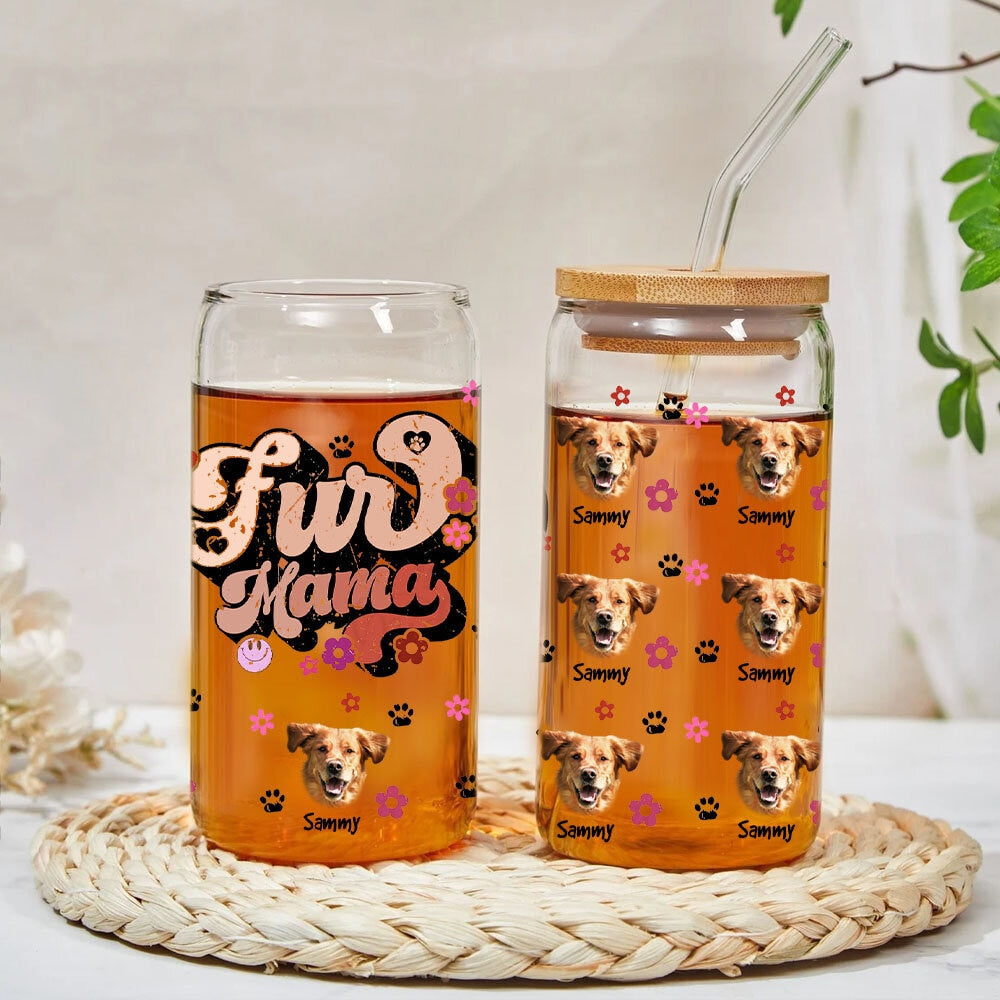 Fur Mama - Custom Photo - Personalized Glass Bottle, Frosted Bottle - Gift For Pets Lovers