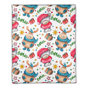 Christmas Deer And Bear, Personalized Fleece Blanket - Gift For Christmas, Family Gift