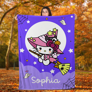 Halloween Hello Kitty  - Custom Name And Background Color - Personalized Fleece Blanket