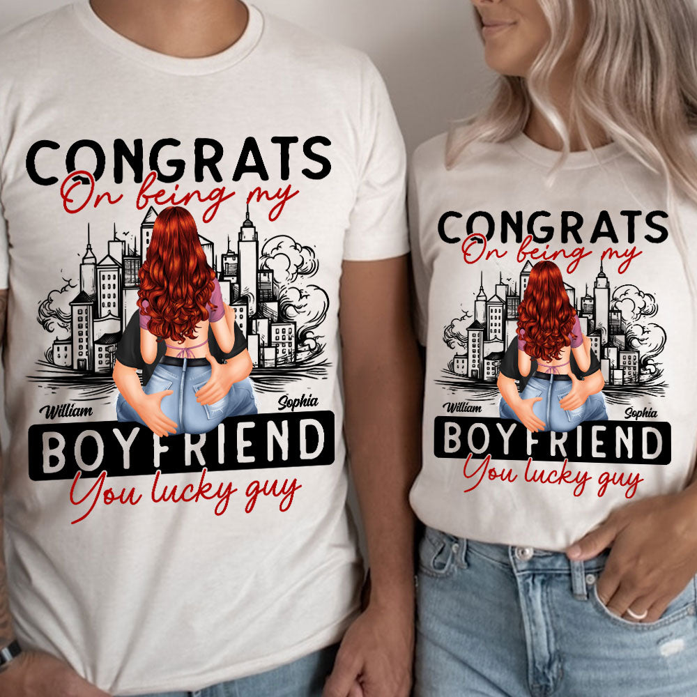 Congrats On Being My Man You Lucky Guy - Custom Appearance And Name - Personalized T-Shirt - Gift For Couple, Family Gift