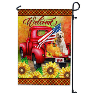 Welcome Pumpkin And Sunflower Pattern - Personalized Pet Photo & Name Flag - Gift For Pet Lovers