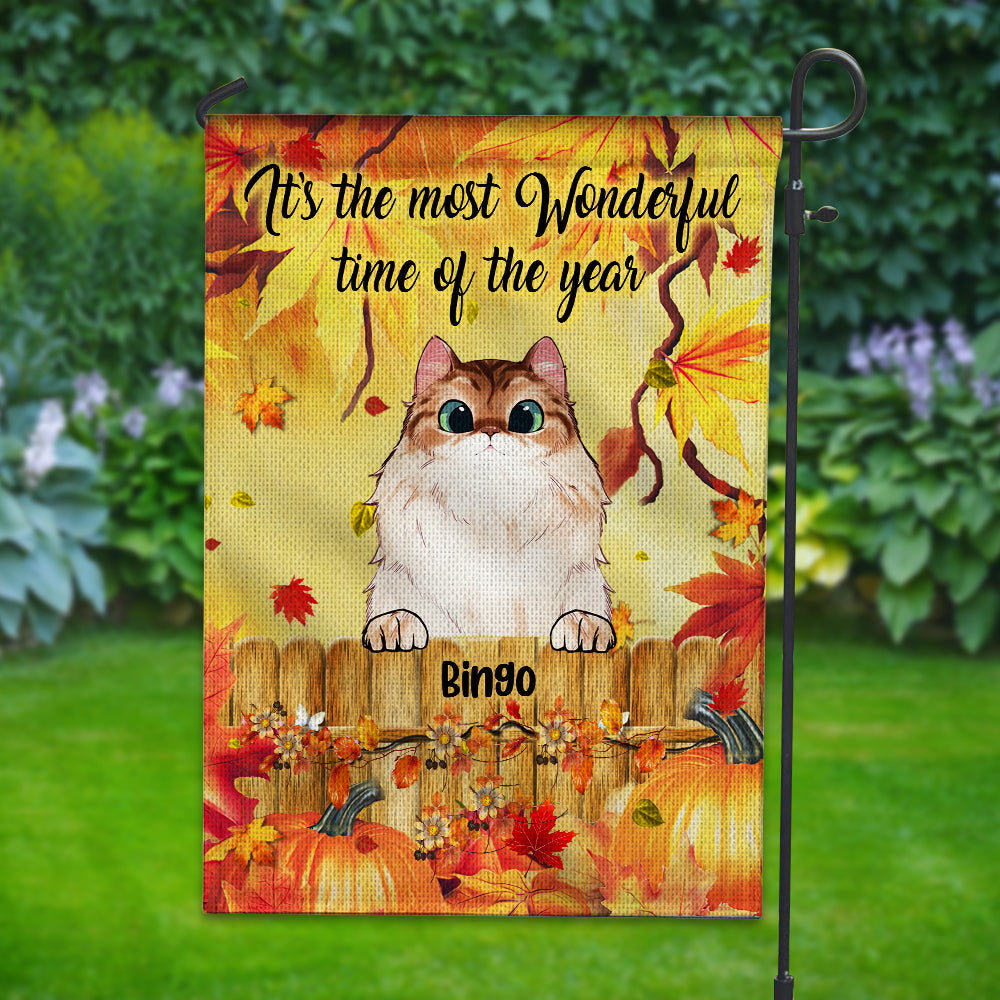 Personalized Autumn Cat Flag, Wonderful Time Of The Year, Gift For Cat Lovers