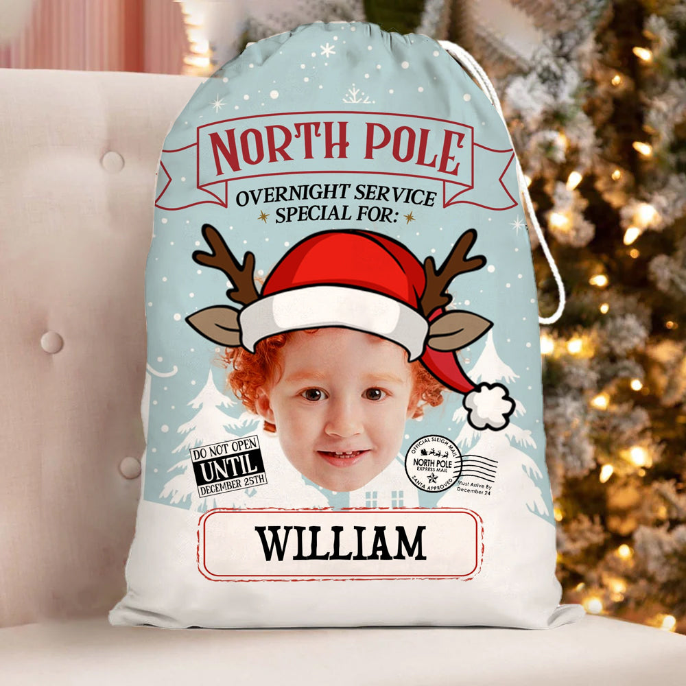 North Pole Overnight Service Custom Photo And Text, Personalized String Bag, Christmas Gift