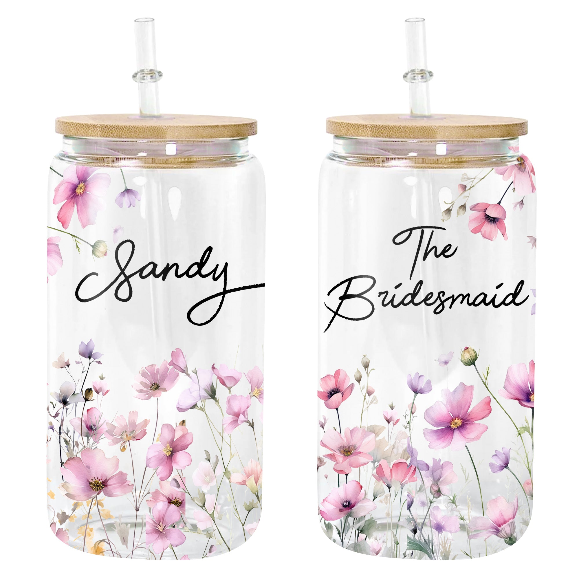 Bridesmaid Wildflower - Custom Name - Personalized Glass Bottle, Frosted Bottle