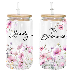 Bridesmaid Wildflower - Custom Name - Personalized Glass Bottle, Frosted Bottle