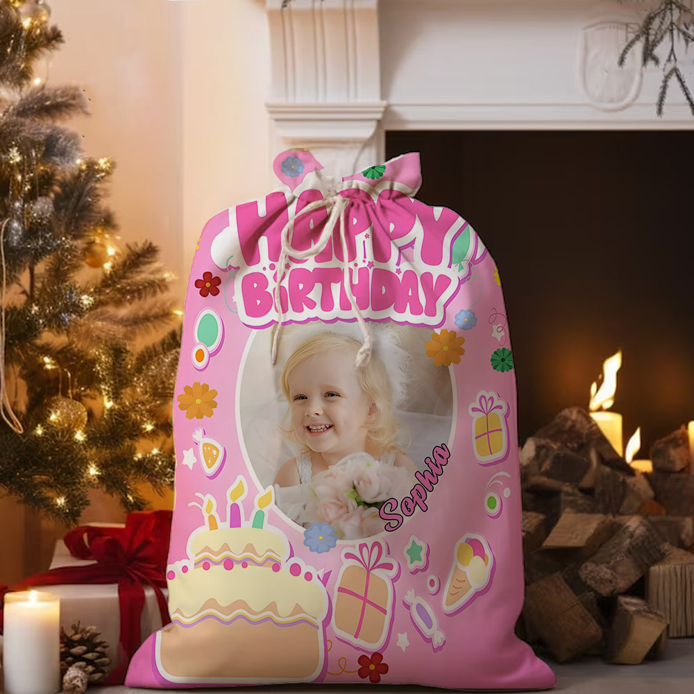 Happy Birthday Pink And Cake Bag Personalized Christmas String Bag