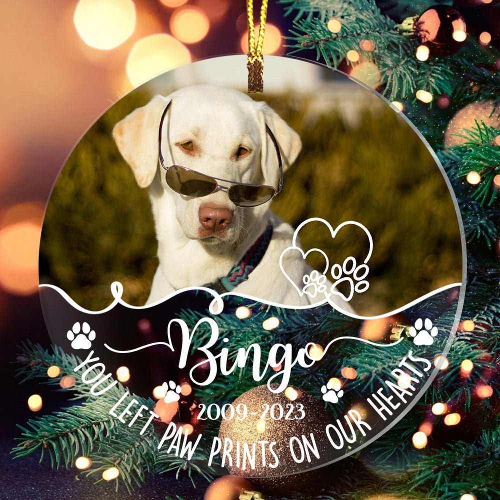 You Left Paw Prints On Our Hearts  - Custom Photo And Name, Personalized Acrylic Ornament - Gift For Pet Lover