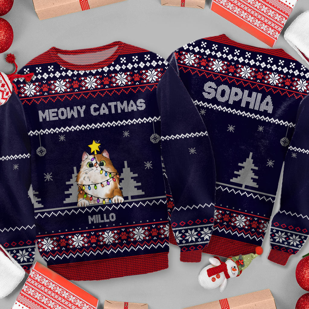 Meowy Catmas - Custom Cat And Names - Personalized Woolen Sweater - Family Gift, Gift For Pet Lover, Xmas Gift