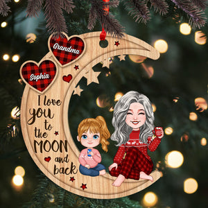 Cute Grandma & Grandkid Checkered Pattern Heart Love To The Moon - Gift For Granddaughter Grandson Personalized 2-Layered Wooden Ornament