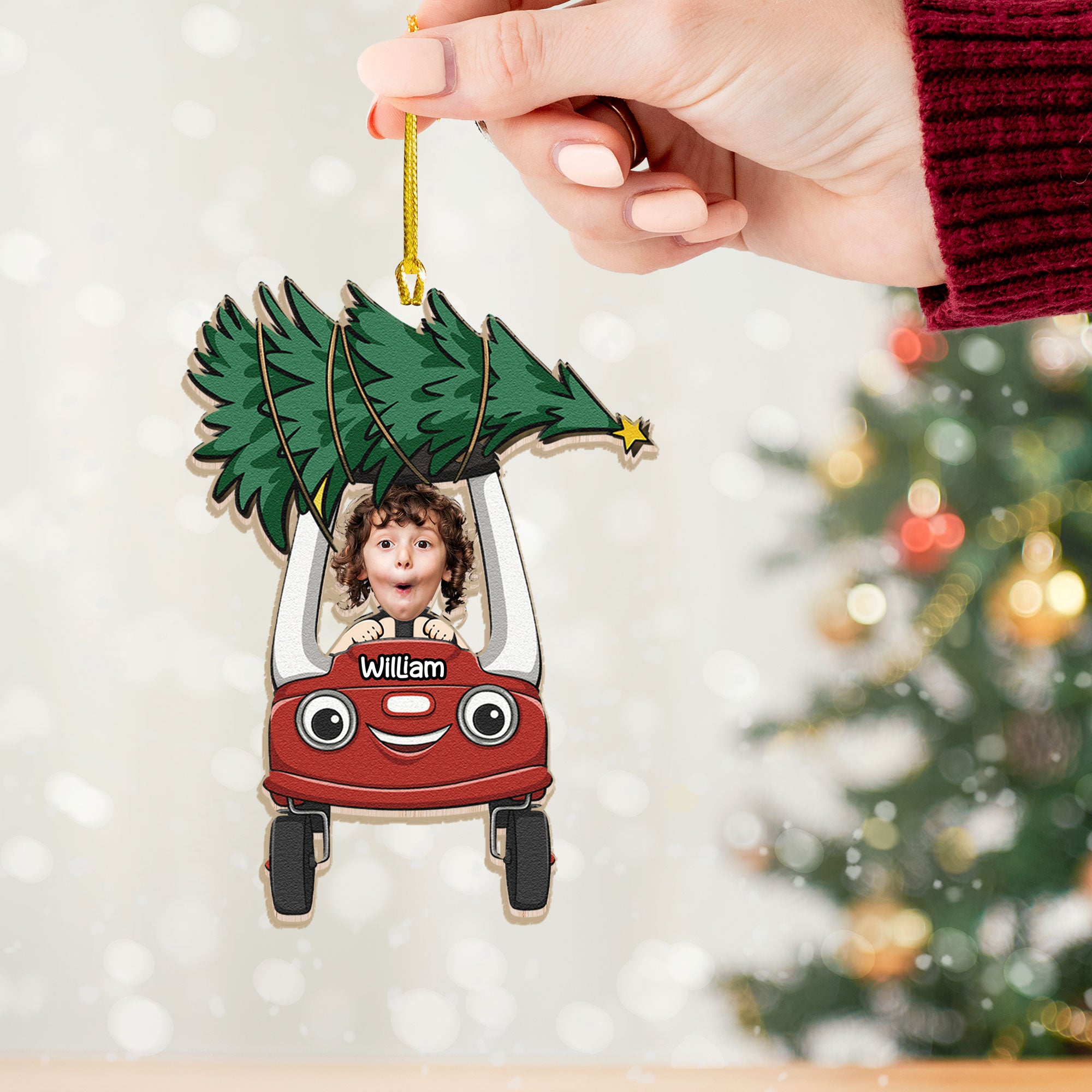 Custom Wooden Ornament, Kid On Car Ornament, Christmas Decor