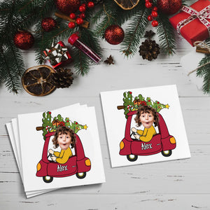 Merry Christmas Kid Riding Car, Custom Photo And Text Temporary Tattoo, Personalized Tattoo, Fake Tattoo