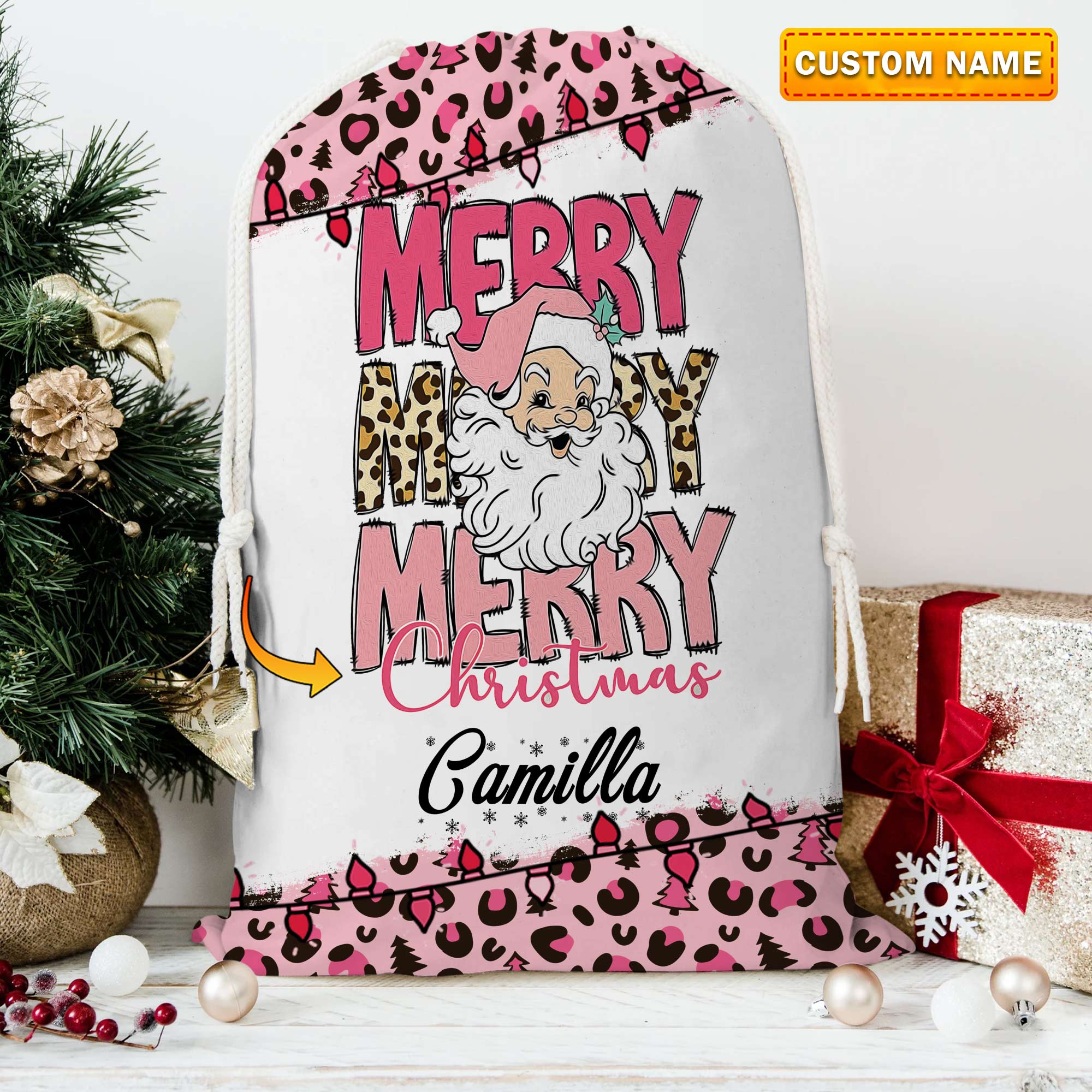 Cute Santa Personalized Merry Christmas String Bag