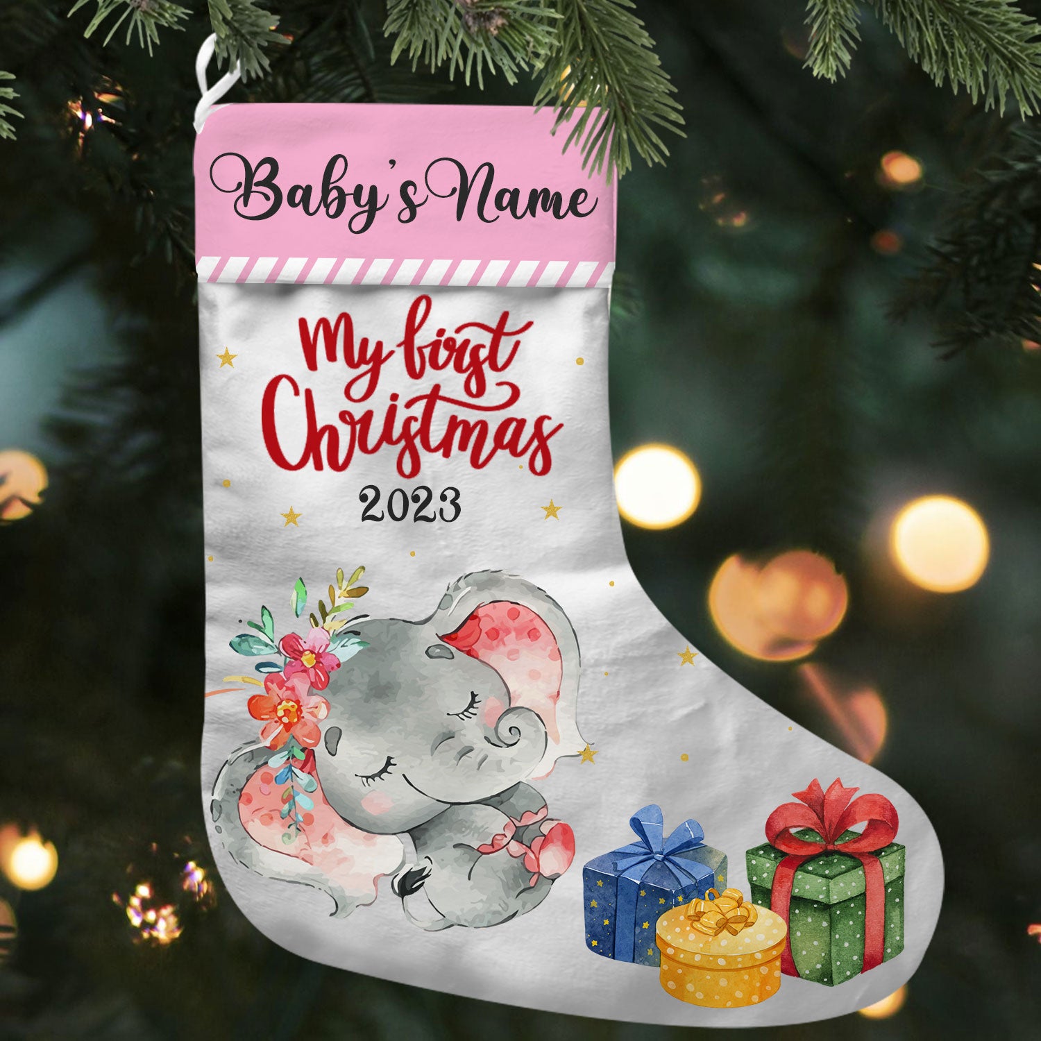 Elephant Baby First Christmas - Personalized Christmas Socking Decoration - Christmas Gift