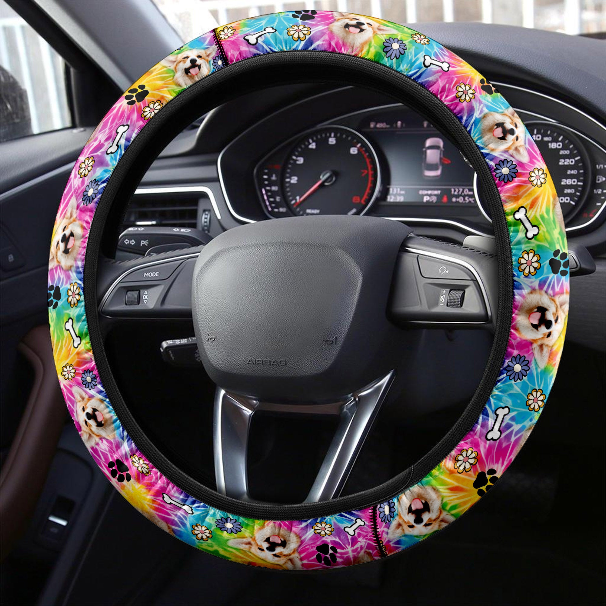 Custom Tie Dye Pet Photo - Personalized Steering Wheel Cover - Gift For Pet Lover