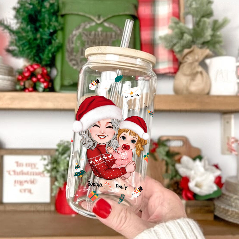 Grandma Carried The Kid, Christmas Decor - Customization Glass Bottle, Frosted Bottle, Gift For Family, Christmas Gift