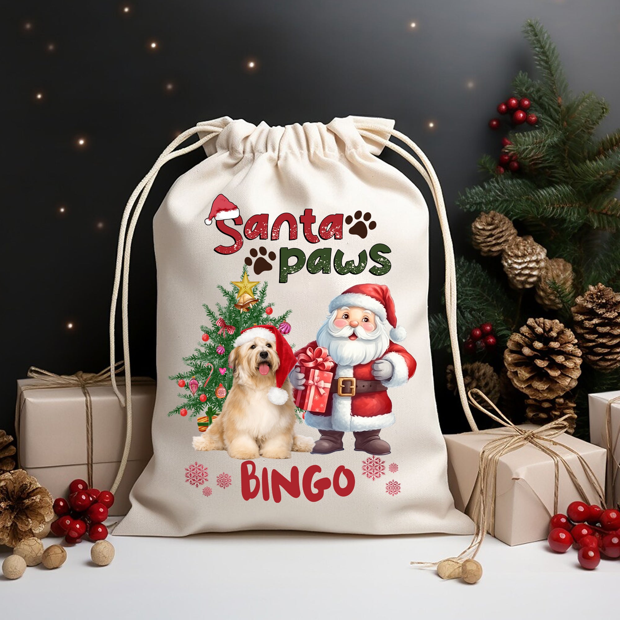 Santa Paws - Custom Photo And Name, Personalized String Bag, Gift For Pet Lover, Christmas Gift