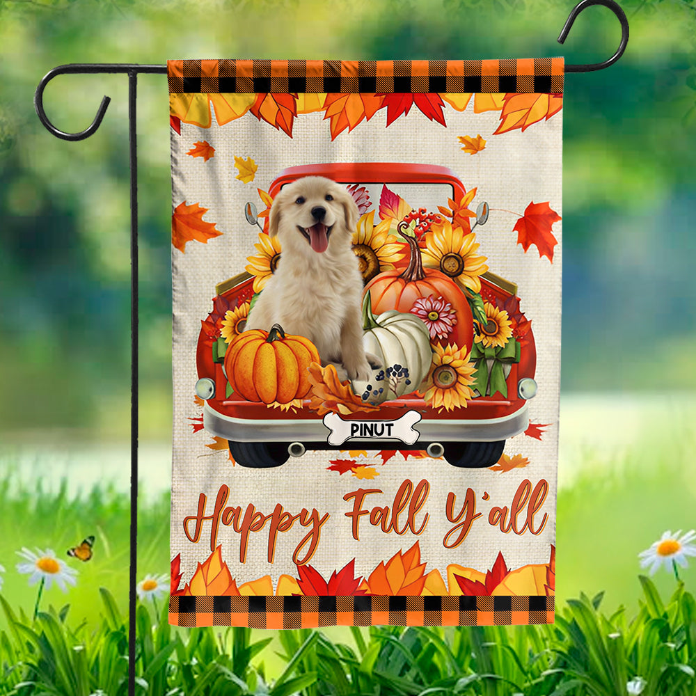 Happy Fall Y'all - Personalized Photo And Name Cutie Puppy And Cutie Kittie Flag - Gift For Pet Lovers