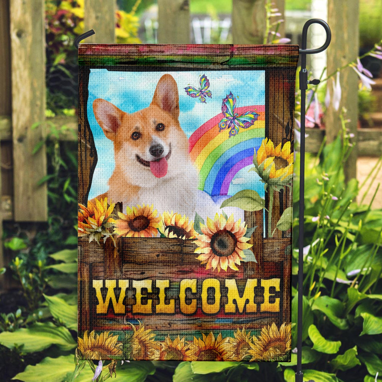 Personalized Sunflower Dog, Custom Dog Photo With Rainbow Garden Flag