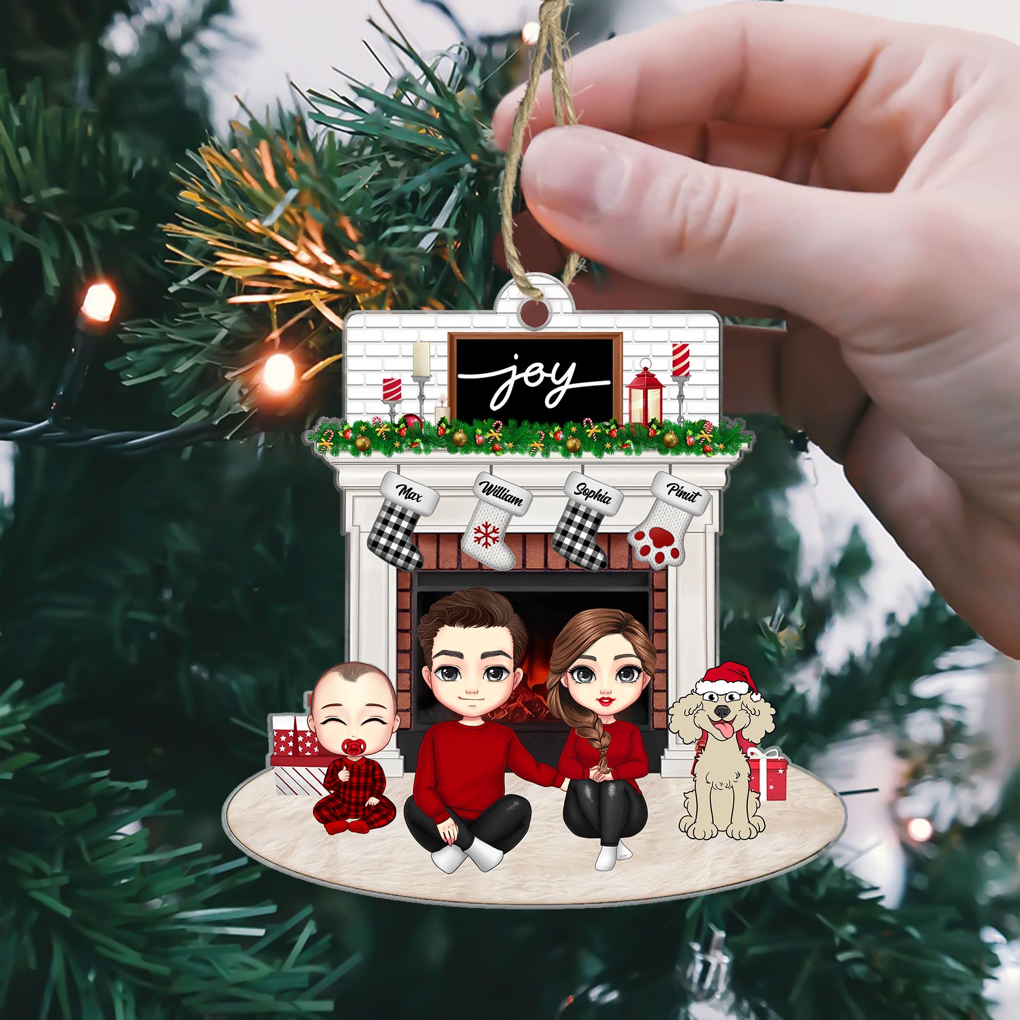 Joy Christmas Family By The Fireplace - Personalized Acrylic Ornament - Gift For Family, Xmas Gift