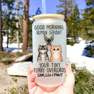 Good Moring Human  - Custom Cats And Names - Personalized Glass Bottle, Frosted Bottle, Gift For Pet Lover