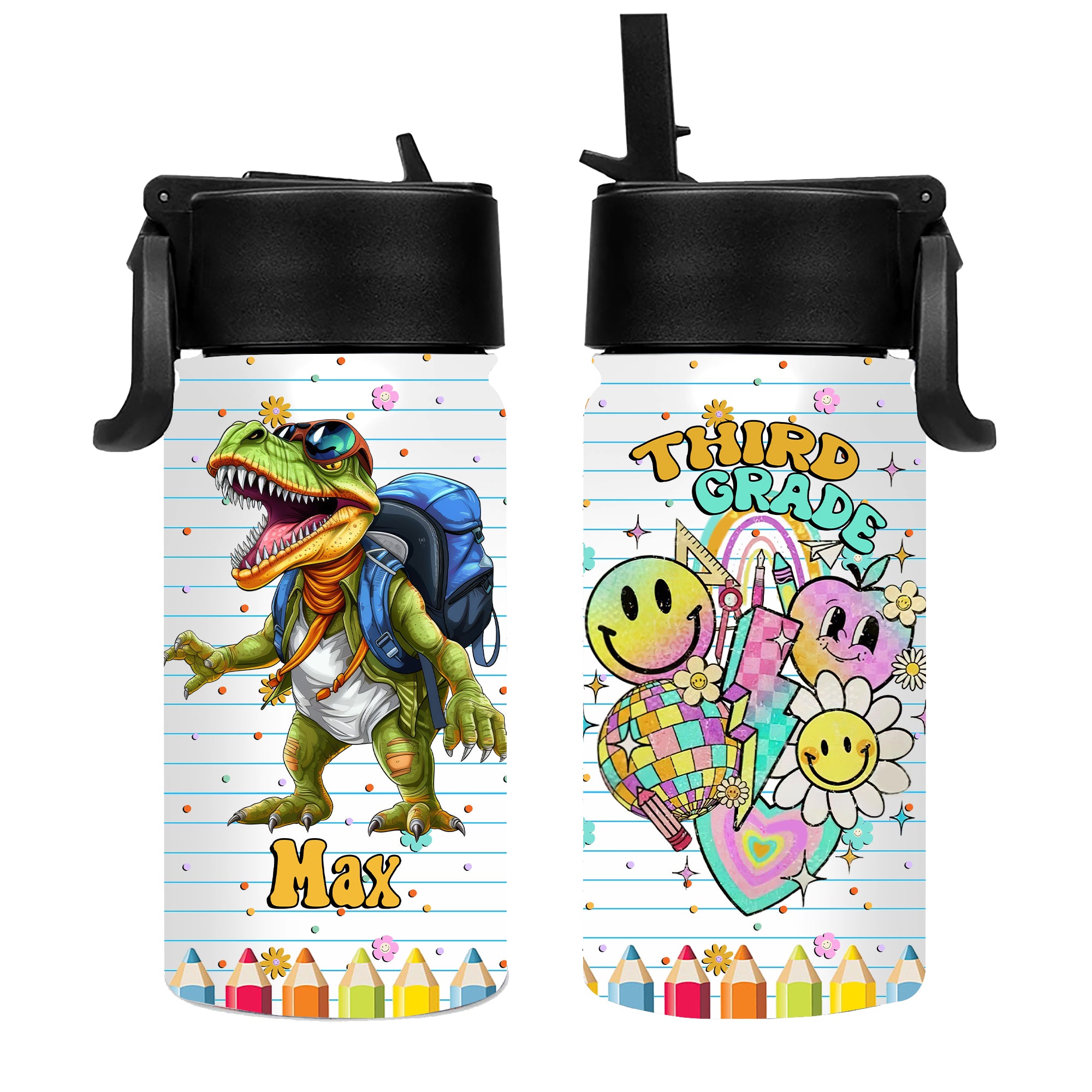 Animal Back To School - Custom Appearance, Grades And Name - Personalized Kids Water Bottle With Straw Lid