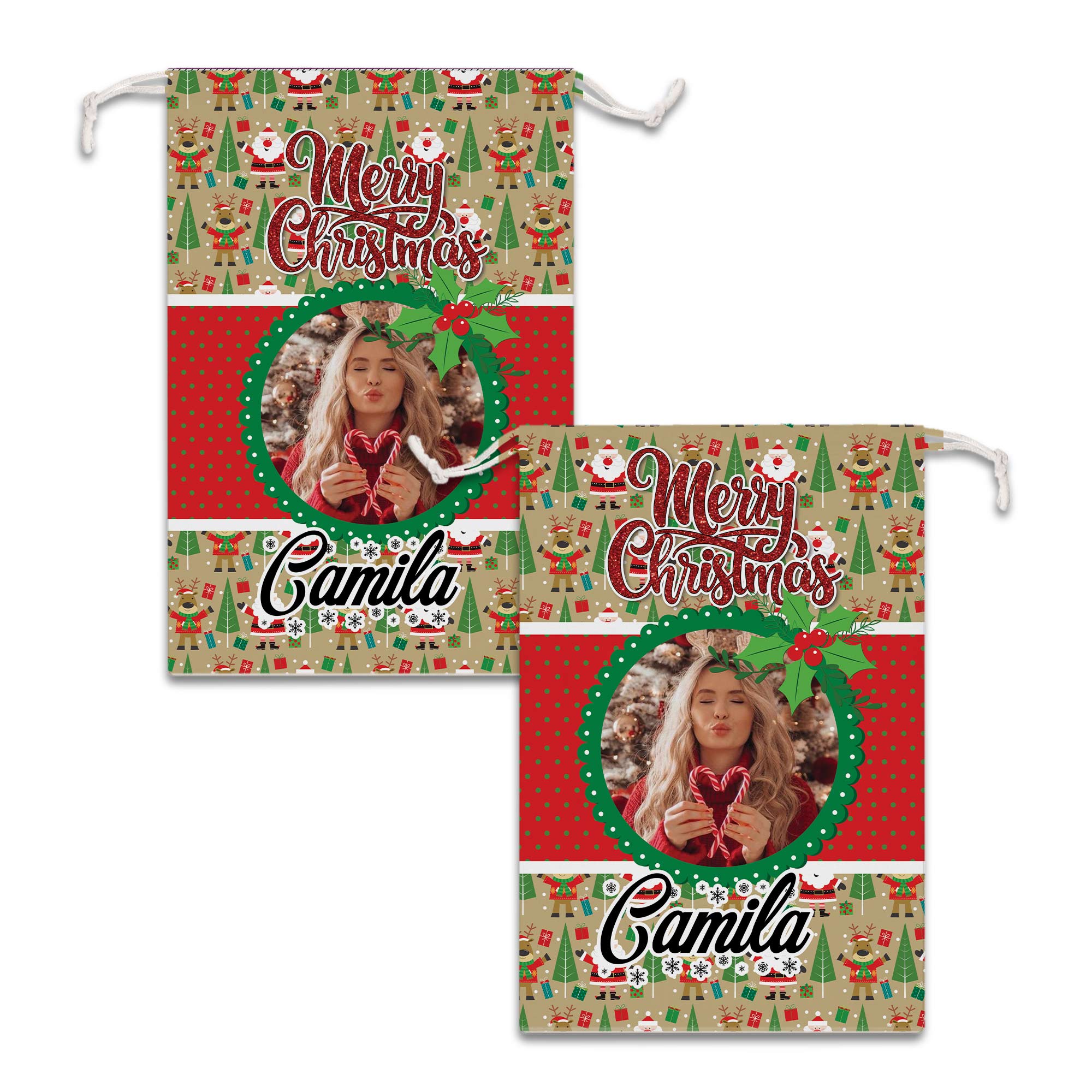 Christmas Decor For Custom Photo And Name, Personalized String Bag, Christmas Gift