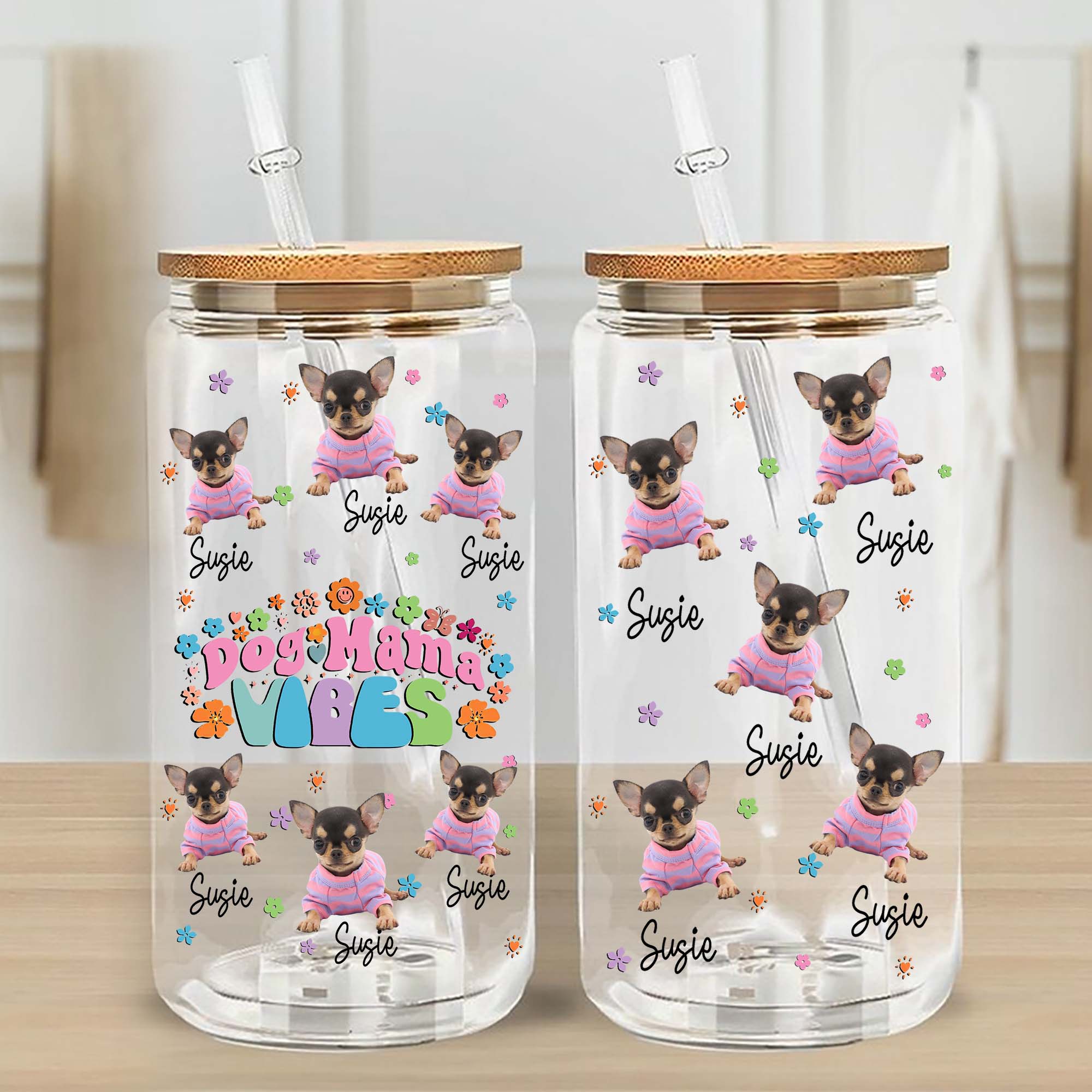 Dog Mama Vibes - Custom Photo And Name - Personalized Glass Bottle, Frosted Bottle, Gift For Dog Lovers