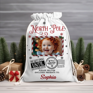 North Pole Delivery For Custom Photo And Name, Personalized String Bag, Christmas Gift