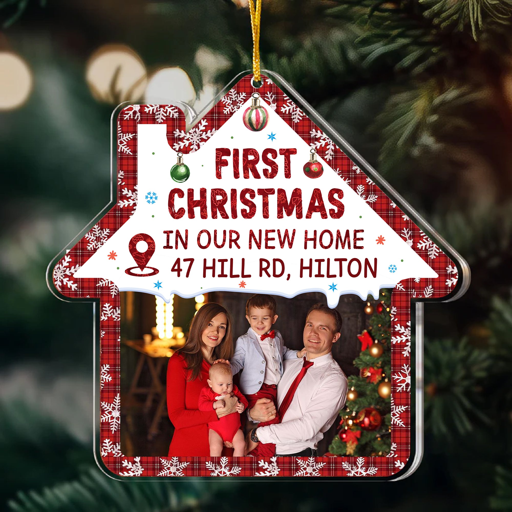 First Christmas In Our New Home - Custom Photo And Address, Personalized Acrylic Ornament - Gift For Christmas, Gift For Family