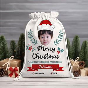 Christmas Kid Face Custom Photo And Name, Personalized String Bag, Christmas Gift