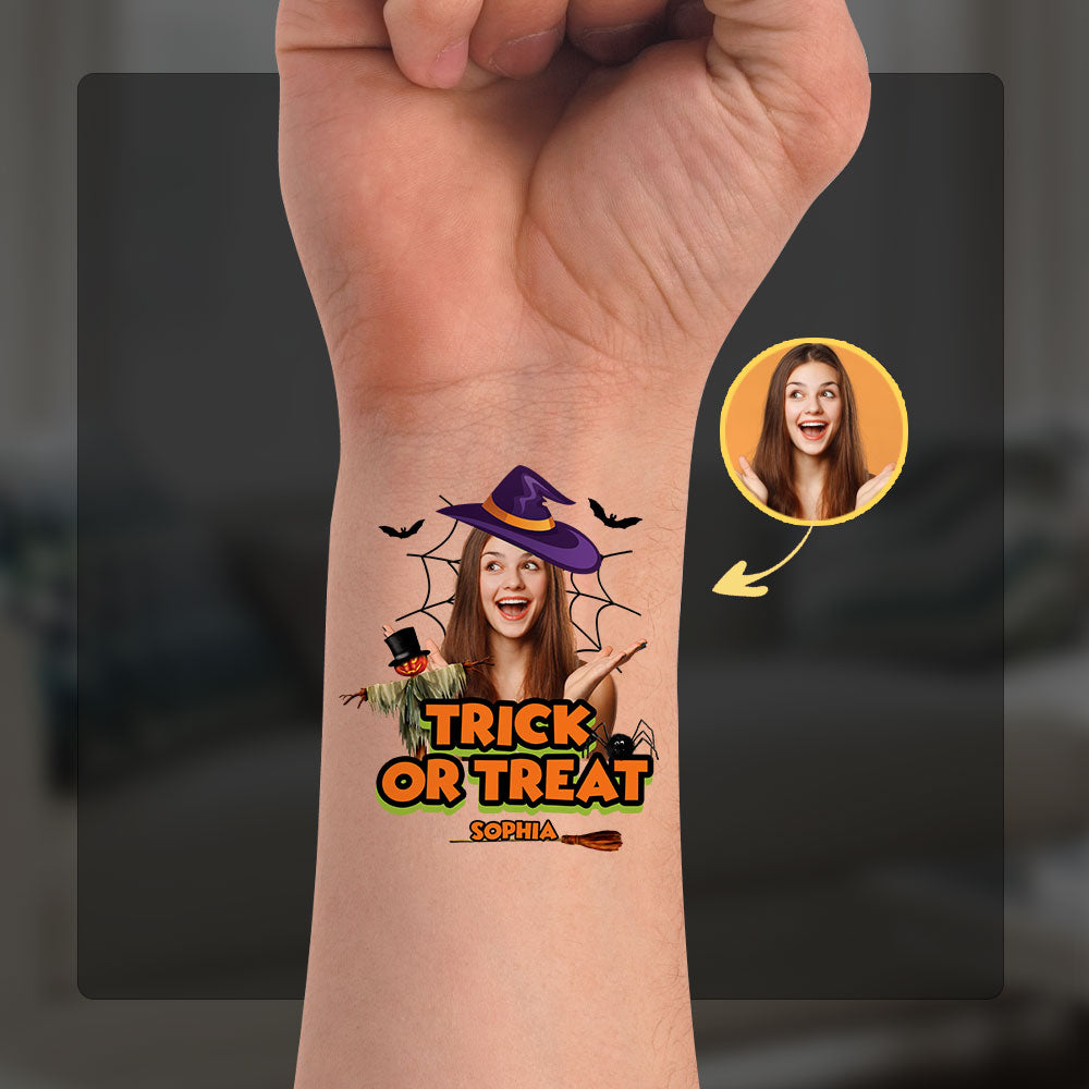 Trick Or Treat - Halloween Funny Tattoo - Custom Photo And Name Temporary Tattoo, Fake Tattoo